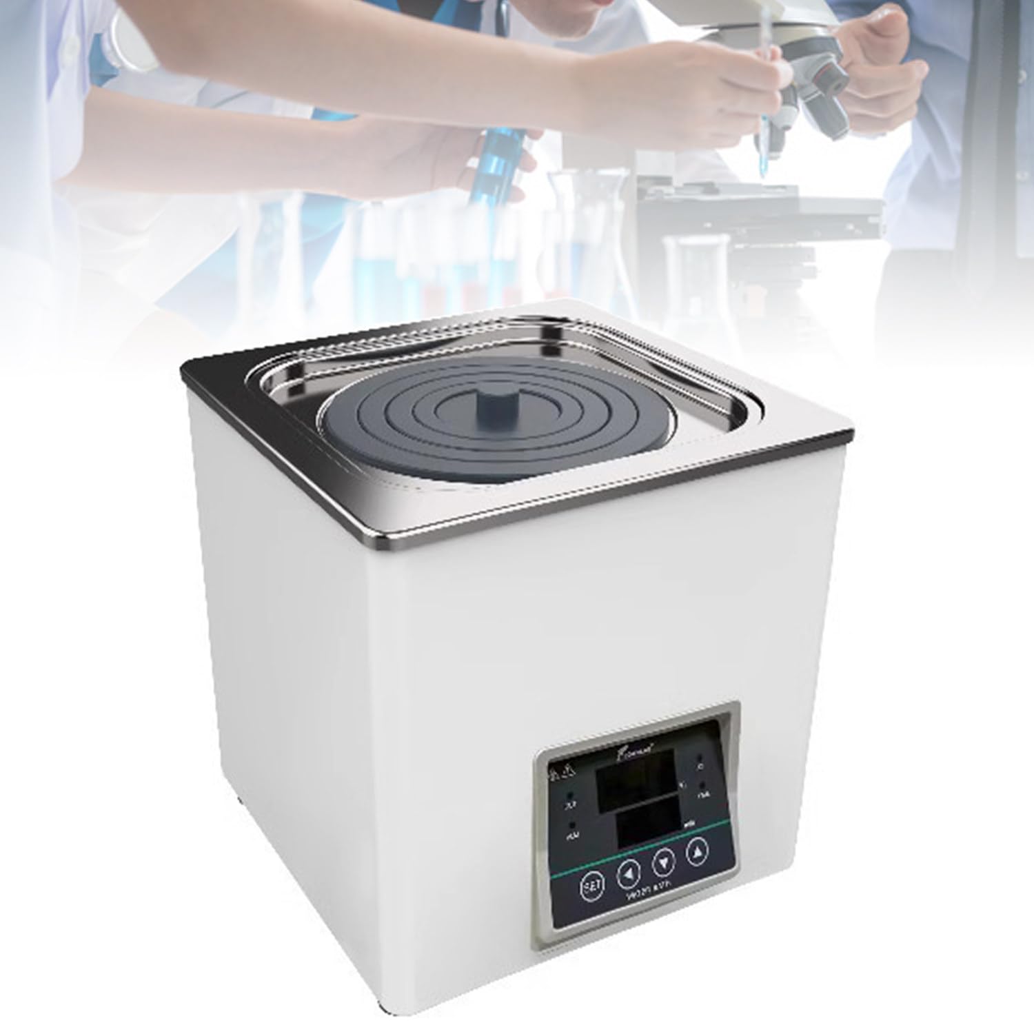 Baño María de Laboratorio Digital, Revestimiento de Acero Inoxidable de 1/2/4/6/8 Orificios, Temperatura Ambiente - 99,9 °C, con Orificio de Drenaje + Tapa Ajustable + Soporte Impermeable,1hole