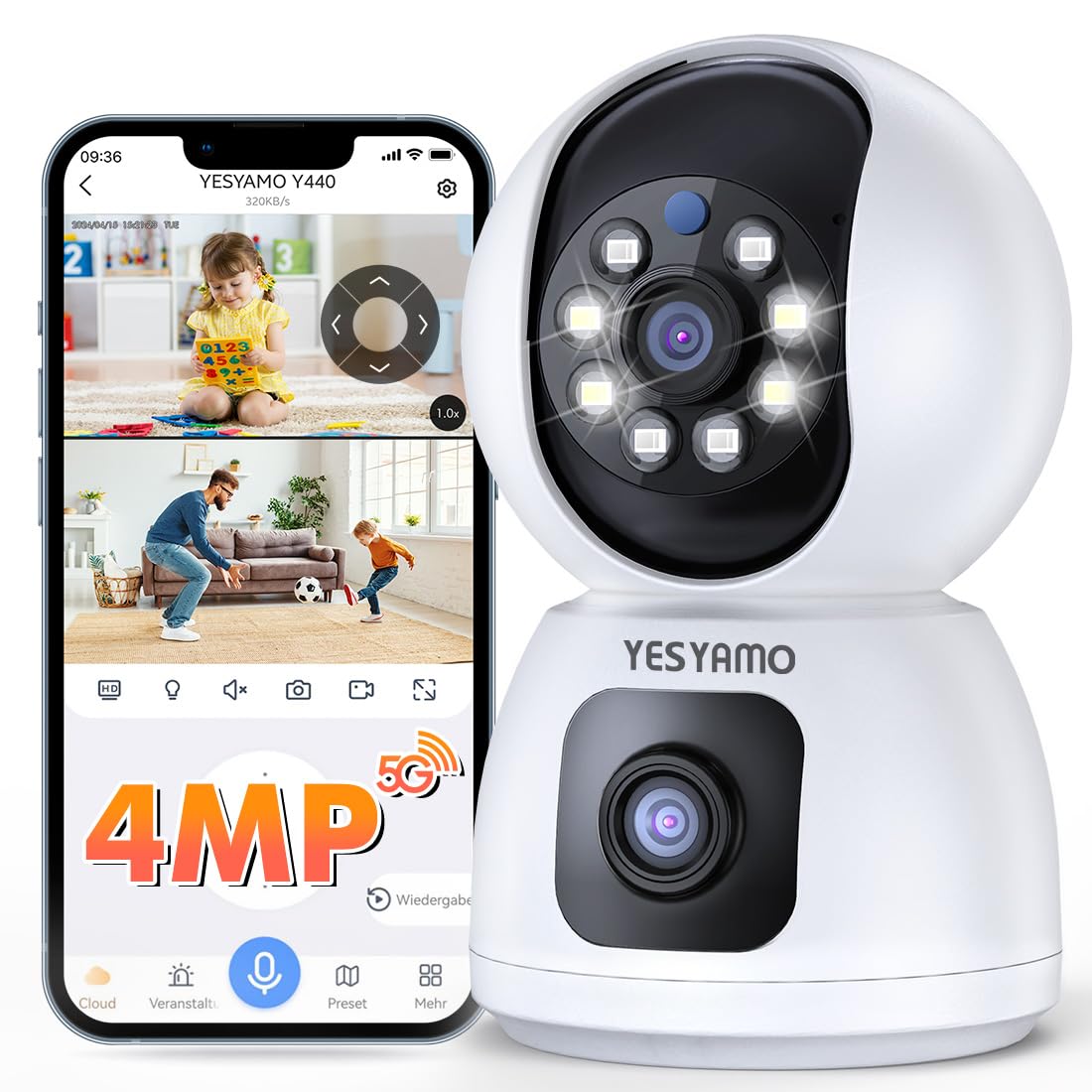 YESYAMO Cámara Vigilancia WiFi Interior 2K 4MP, Cámara Vigilancia Domicilio WiFi con 2.4G/5G WiFi 360° Cámara de Seguridad para bebé, Perro, Visión Nocturna, Seguimiento Automatico, Detección AI