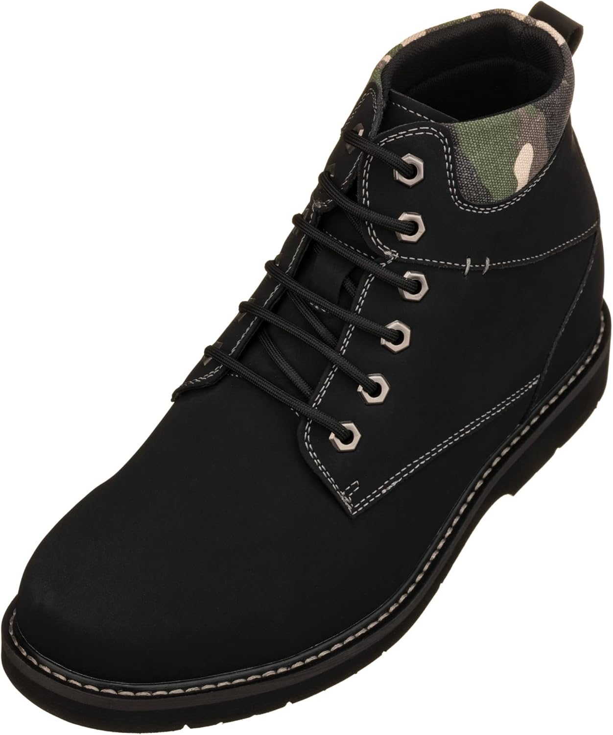 CALTO Men's Invisible Height Increasing Elevator Shoes - Nubuck Black Leather Lace-up Round-Toe Work Boots - 3.2 Inches Taller - YH7831 - Size 11 D(M) US