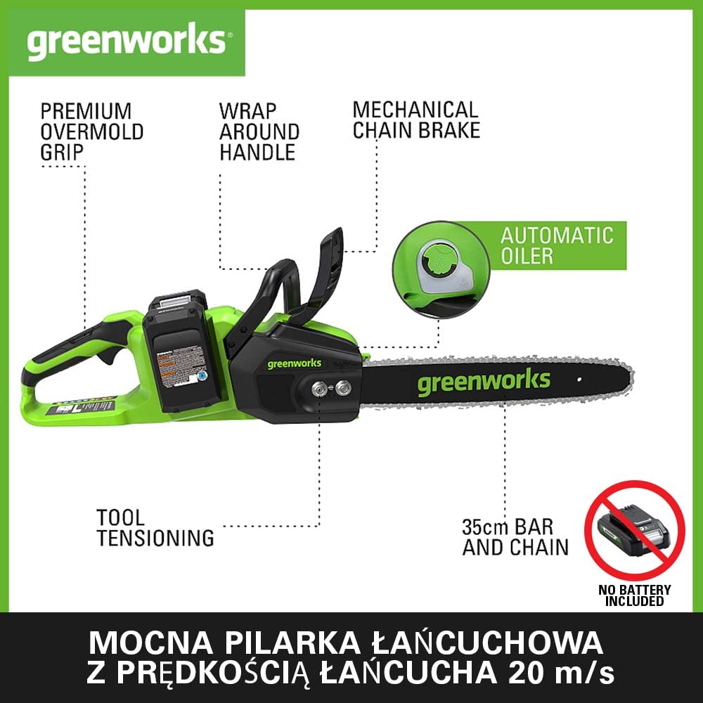 Greenworks GD24X2CS36 Akumulatorowa pilarka łańcuchowa z silnikiem bezszczotkowym, długość ostrza 35 cm, szybkość 20 m na s, 3,7kg, olejarka, ochrona przed odrzutem bez dwóch baterii 24 V i ładowarki