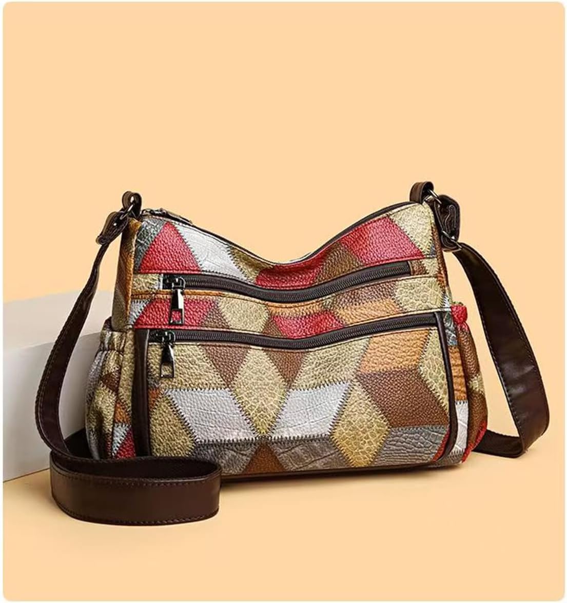 Women's Patchwork Crossbody Bag Soft Fabric Multi-Pocket Shoulder Purse with Adjustable Strap & Metal Hardware