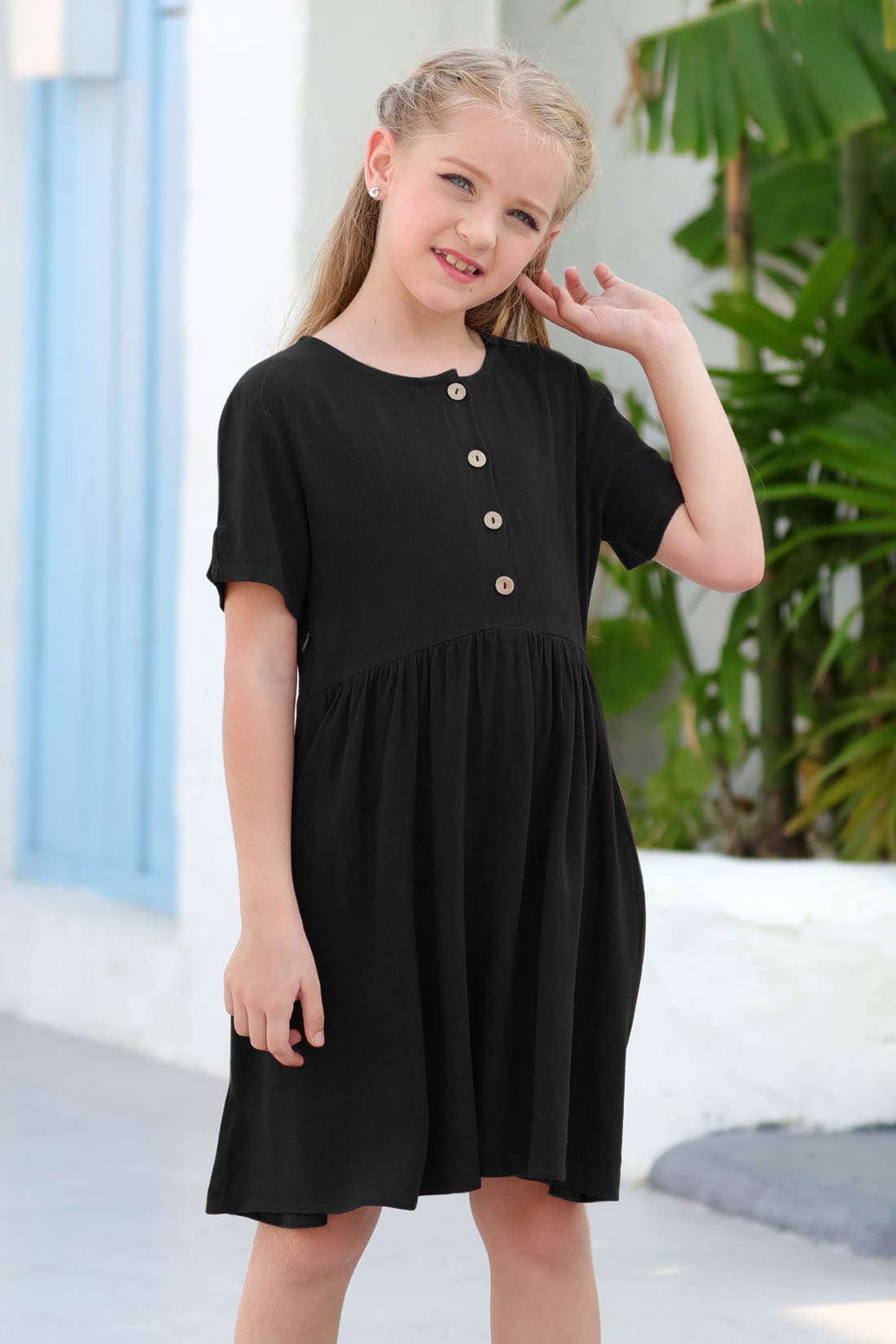 GORLYA Girl's Short Sleeve Button Up Pleated Waist Loose Casual Linen Midi Dress with Pockets for 4-12 Years Kids