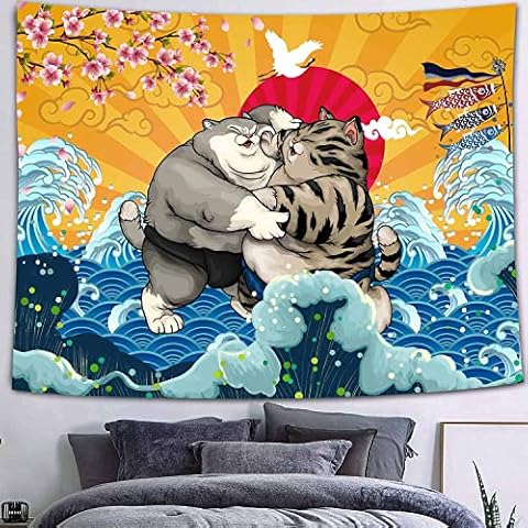 FEASRT Sunset Wave Tapestry, 80x60 Inches Soft Flannelette, Japanese Fat Cat Sumo Match on the Great Wave Wall Backdrop, Cute Animal Plum Dand Aesthetic Tapestry for Living Room Dorm GTYYAY139 Cover