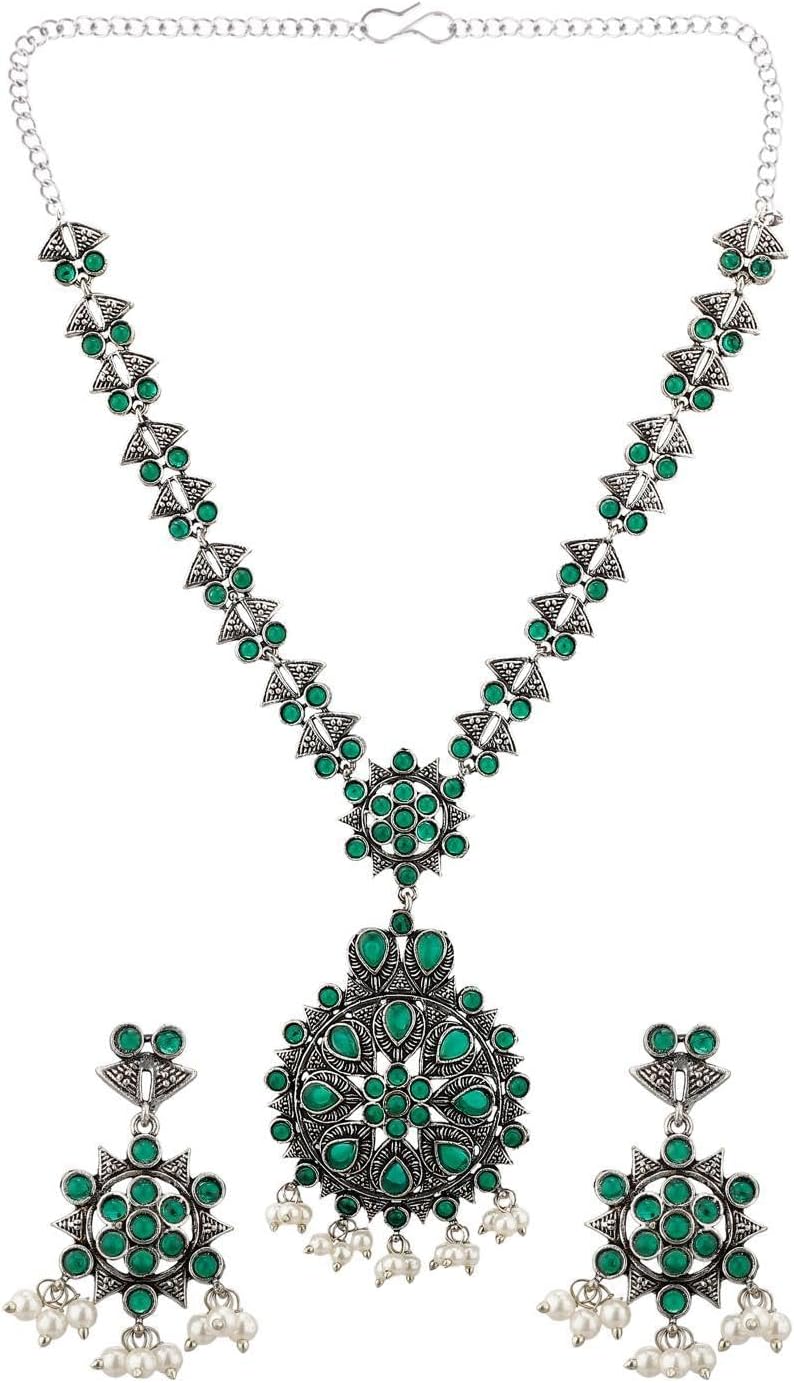 Efulgenz フローラルフェイクパールドロップインディアンジュエリーセット レディースクリスタルストーンペンダントネックレス ダ