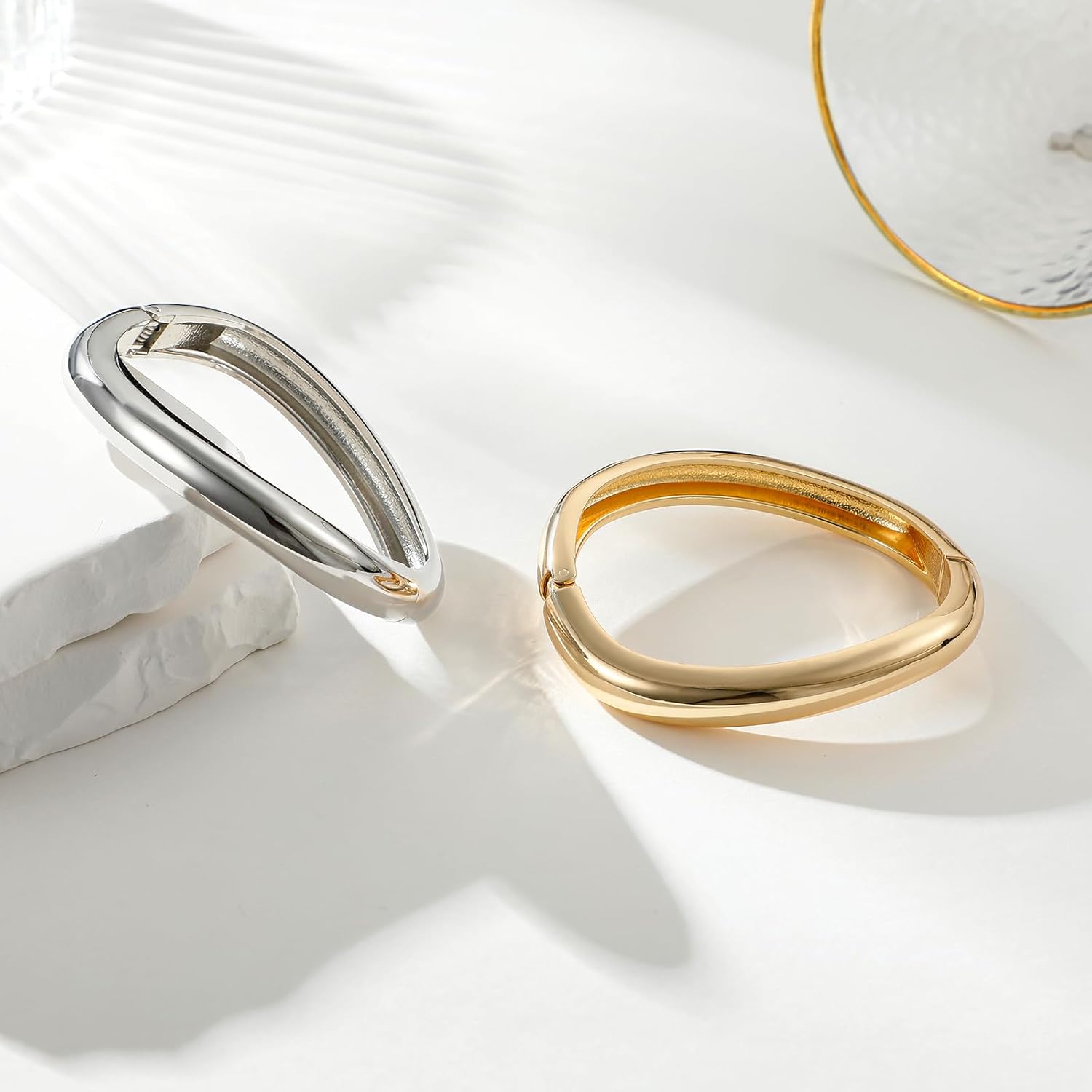 14K Gold Plated Bangle Bracelets for Women Silver Plated Polished Chunky Twisted Hinged Waterdrop Bangle Bracelet for Women Spiraled Oval Bangle Bracelet 2Pcs Minimalist Jewelry - Image 5