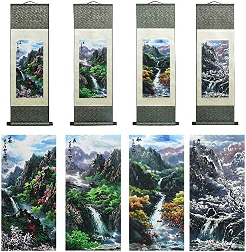 AtfArt Asian Wall Decor Beautiful Silk Scroll Painting Four Seasons Landscape Painting Summer Autumn Winter-Spring Oriental Decor Chinese Art Wall Scroll Hanging Painting Scroll 39 x 12in (Four Piece)