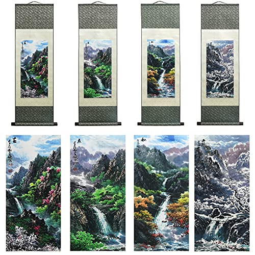 Atfart Asian Wall Decor Beautiful Silk Scroll Painting Four Seasons Landscape Painting Summer Autumn Winter-Spring Oriental Decor Chinese Art Wall Scroll Hanging Painting Scroll 39 X 12In (Four Piece) #TOP7