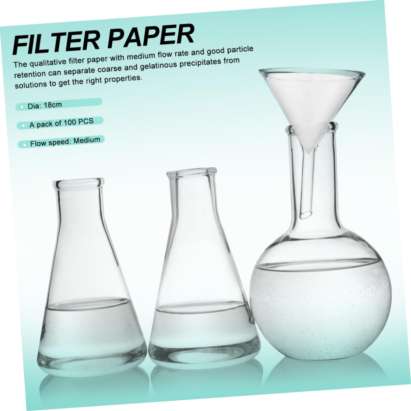 Papel de Filtro Cualitativo de 18cm de Caudal Medio | 100 Discos, Blanco, para Química y Experimentos, Separa Precipitados Gruesos y Gelatinosos