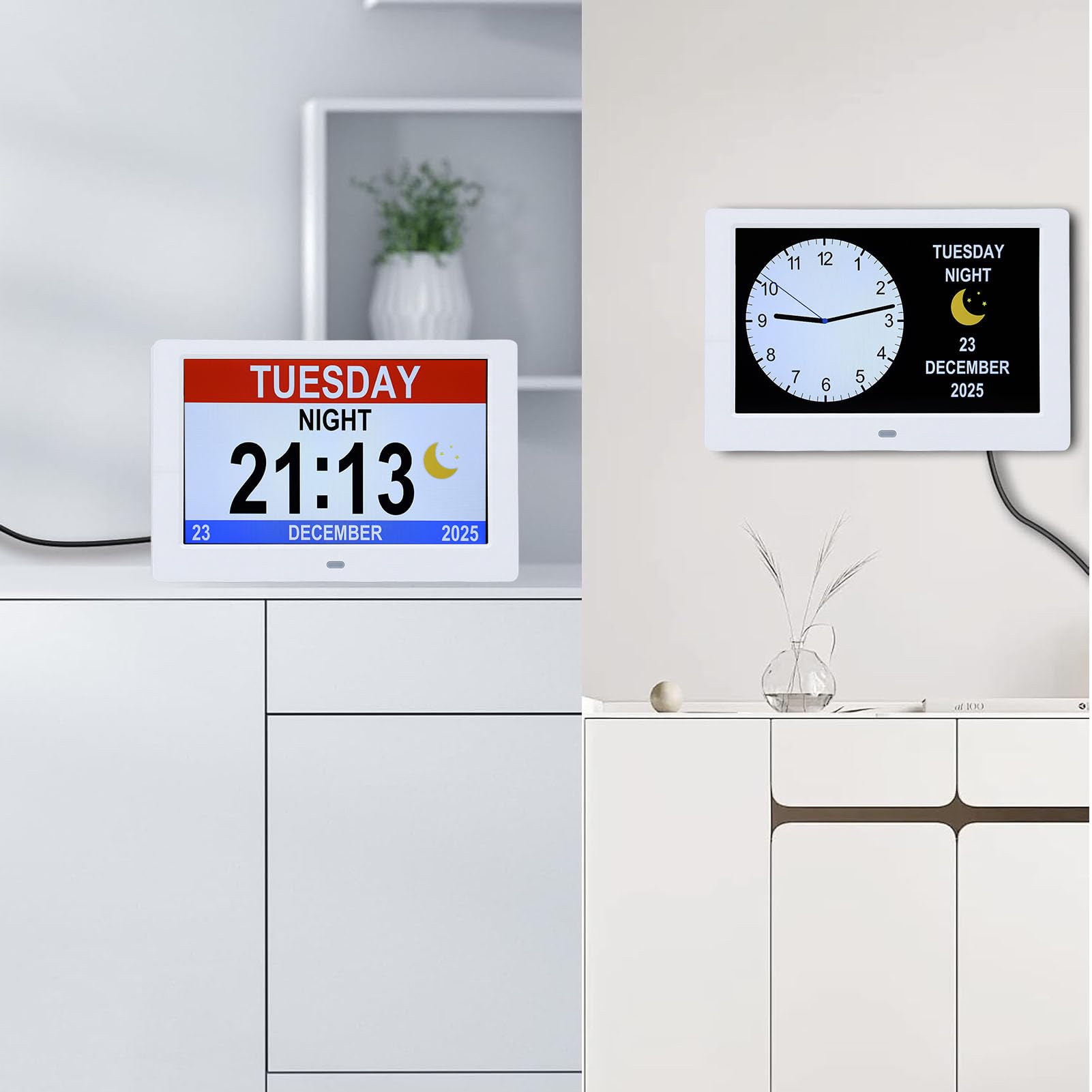 GOWENIC Reloj Despertador con Calendario Digital |Pantalla de Atenuación Automática de 8 Pulgadas con Reproducción de Imagen y Vídeo de Fecha y Hora para Sala de Estar