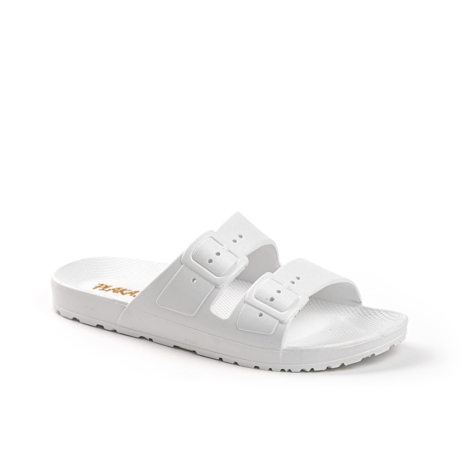 PlakaGenesis Slides Women Sandals with 2 Fixed Buckle Straps | Comfortable & Stylish Slip-On womens slides for Any Occasion | White Wedding, Size 8