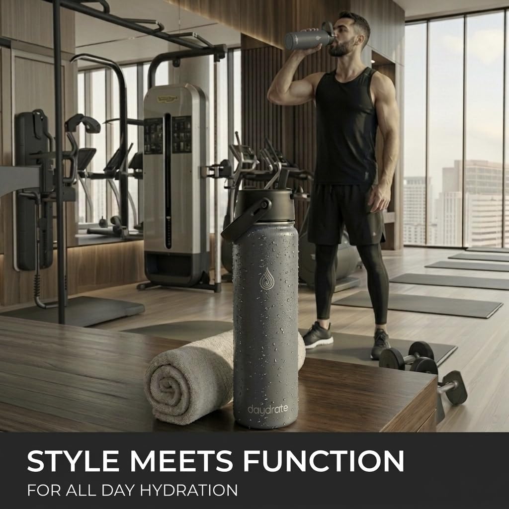 Insulated Metal Water Bottle with Straw 750ml- Stainless Steel Water Bottle, BPA Free, Dual Lid Straw & Spout, Leakproof, 24 Hours Cold & Hot, Work, Travel, Gym Bottle for Men & Women - Grey- Daydrate - 4