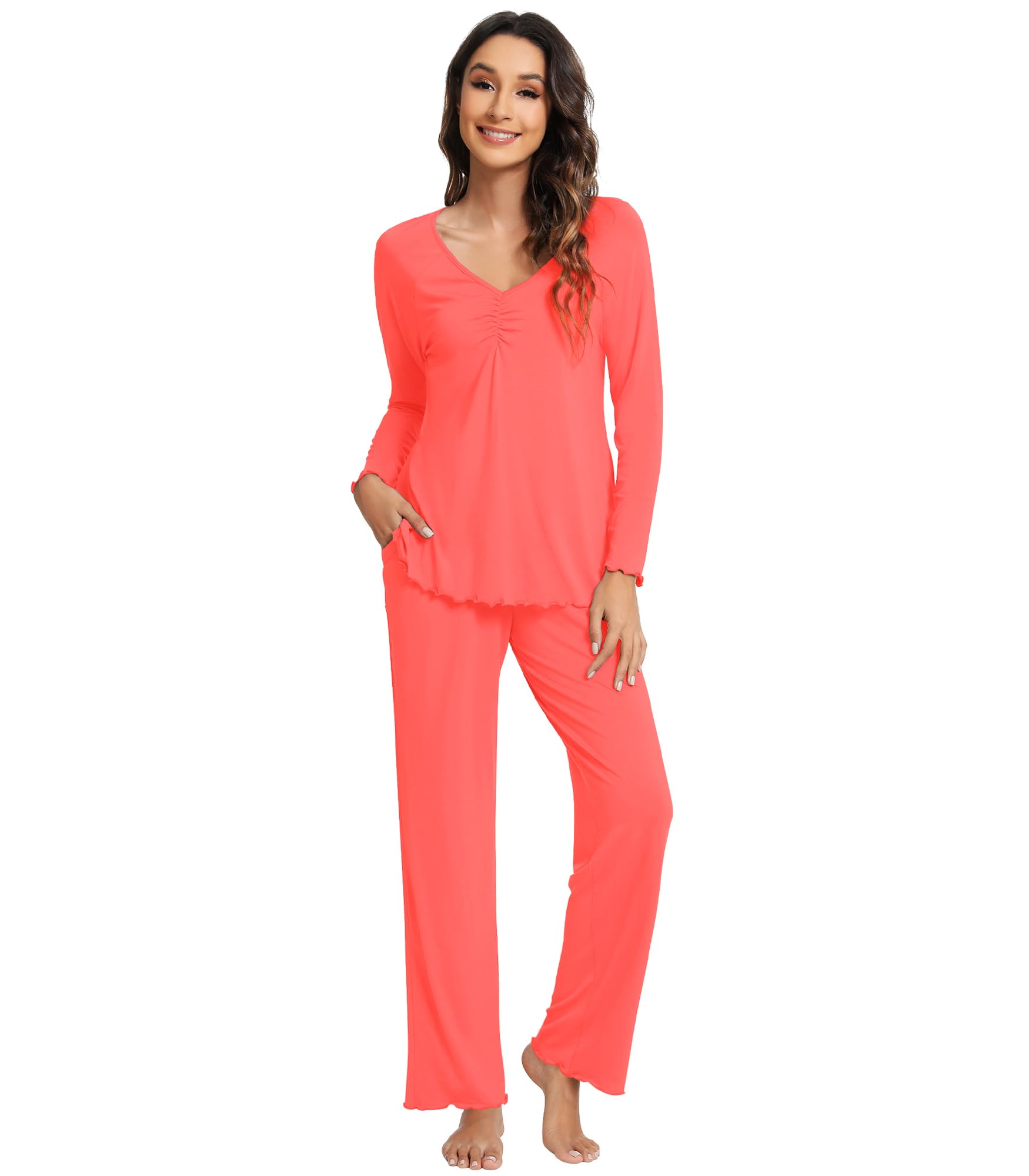WiWi Pigiama da donna in bambù, comodo, elasticizzato, a maniche corte, con pantaloni, S-2X