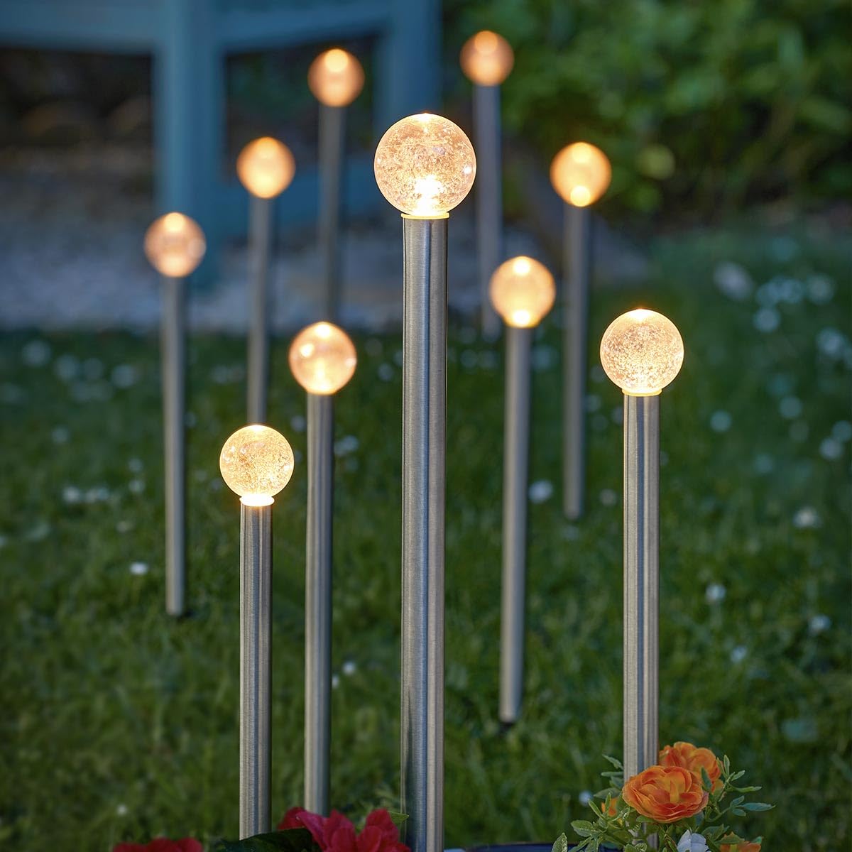 Festive Lights - Pack of 10 Solar Power GlowBall Stainless Steel Stake Lights (2.7m Lit Length) with External Panel - 33.5cm Height, Warm White LEDs, Outdoor Garden Feature for Pathways & Borders