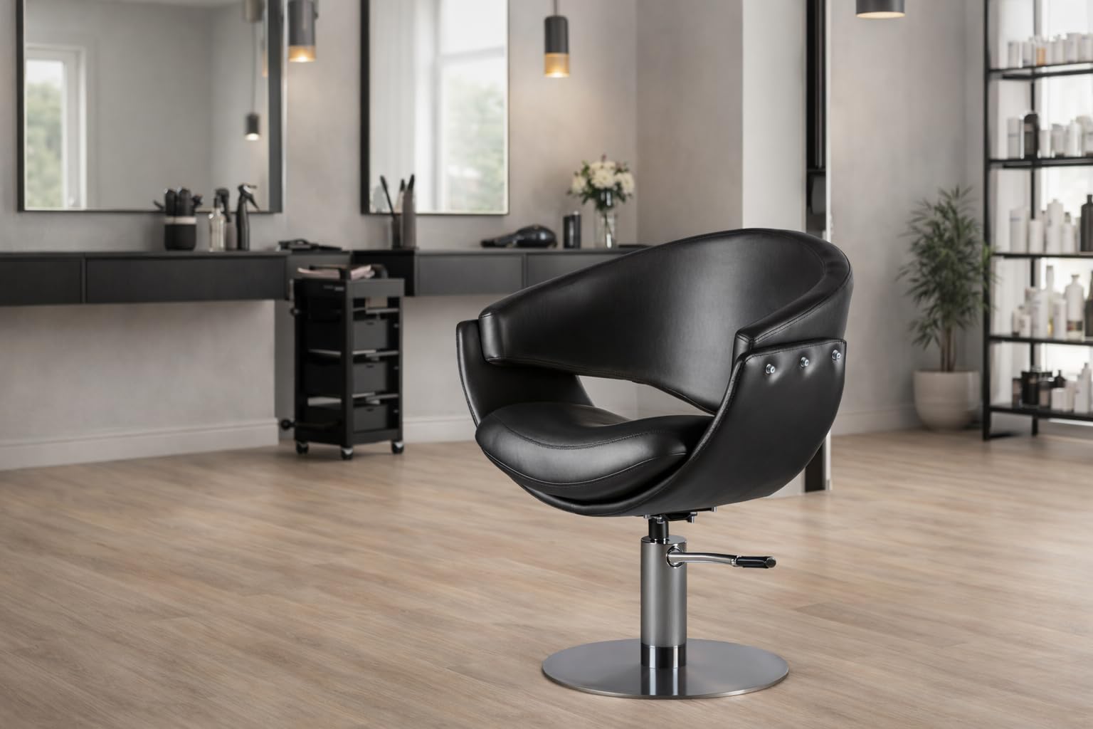 Italian Design - Sillón de Peluquería Profesional Rever - Silla Ergonómica con Diseño Moderno y Altura Ajustable 93-105 cm, Tapizado Resistente al Agua y Base Cromada Antideslizante - Color Negro