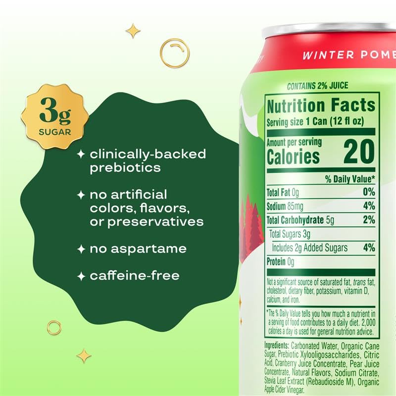 Bloom Pop Prebiotic Soda 12 Pack, Winter Pomberry Flavor, 12oz Cans | Prebiotic Soda for Gut Health, Low Calorie Soda, No Caffeine, Healthy Soft Drink Alternative - Image 2