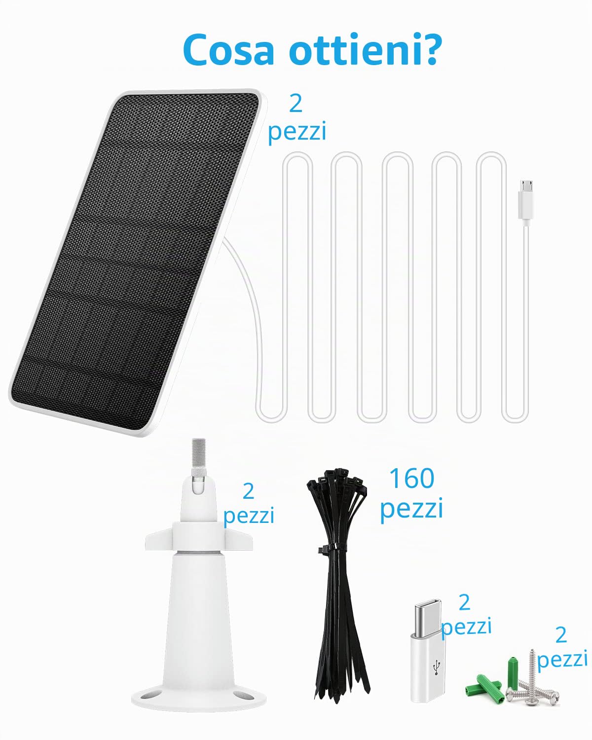 Pannello solare per telecamera di sorveglianza wireless da esterno 5V 4W, IP65 alimentazione solare impermeabile per telecamera di sicurezza, micro USB e connettore di tipo C, confezione da 2