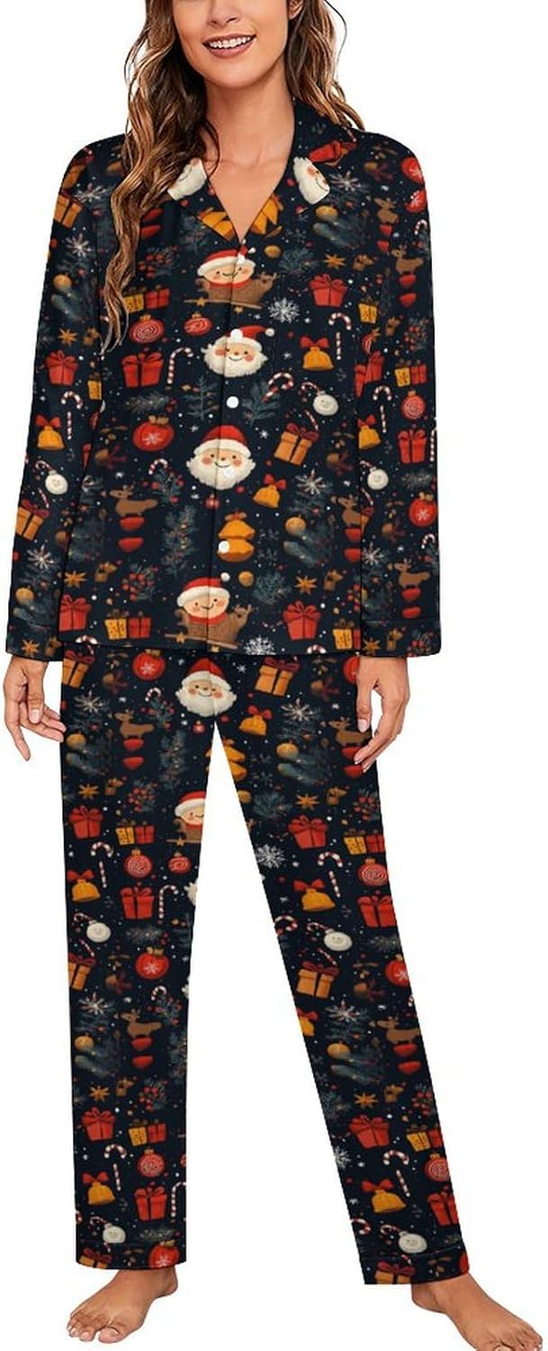 Christmas Pajamas for Women Set Long Pants Sleepwear Sets Soft Comfy Night Wear V-Neck Cute Pajama House Wear