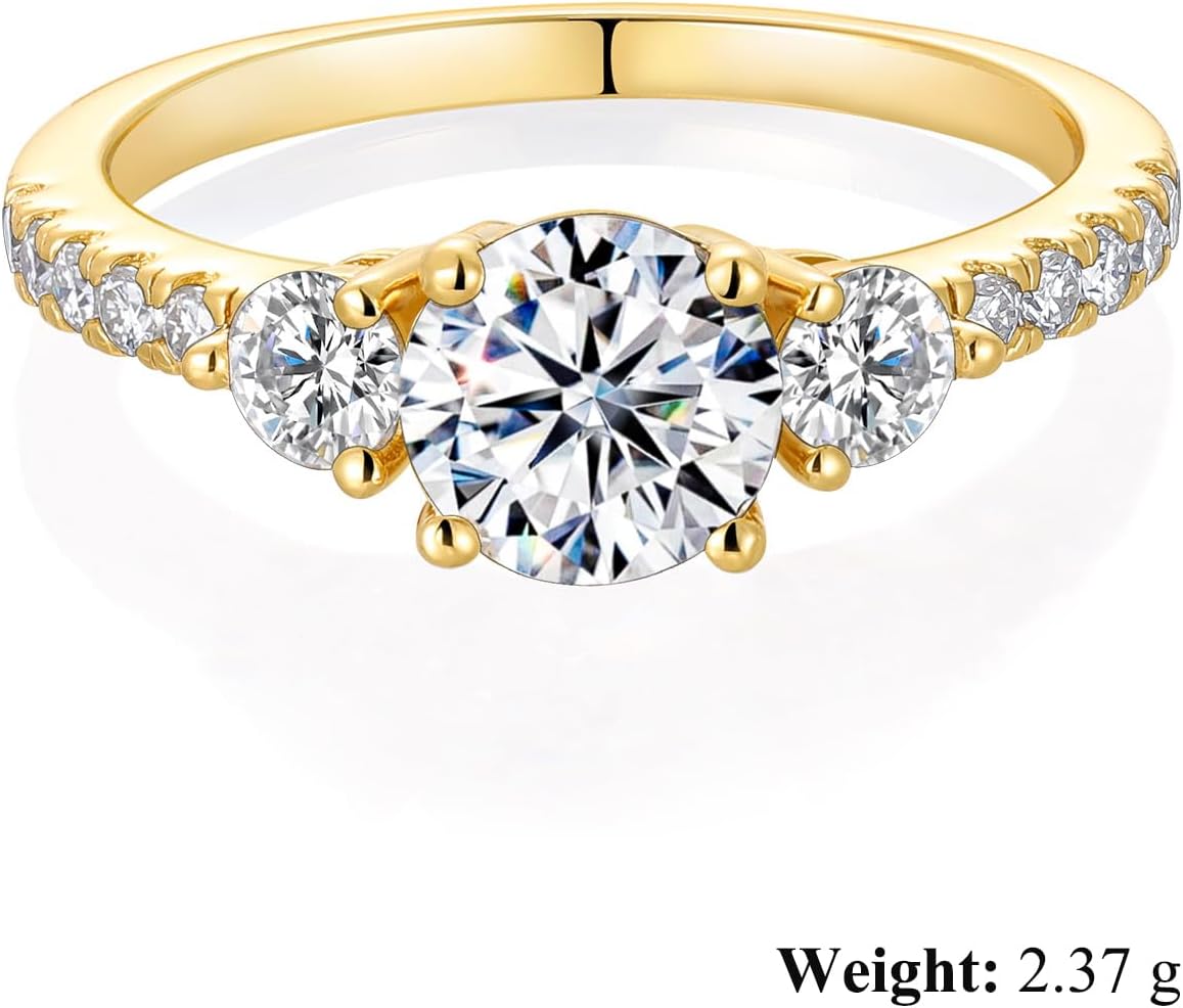 Three Stone Engagement Rings for Women, 1-2ct Radiant/Round Moissanite Ring Sterling Silver 14K Gold Plated Emerald Cut 3 Stone Ring VVS Diamond Promise Rings Gift Jewelry for Lover Wife Size 4-10