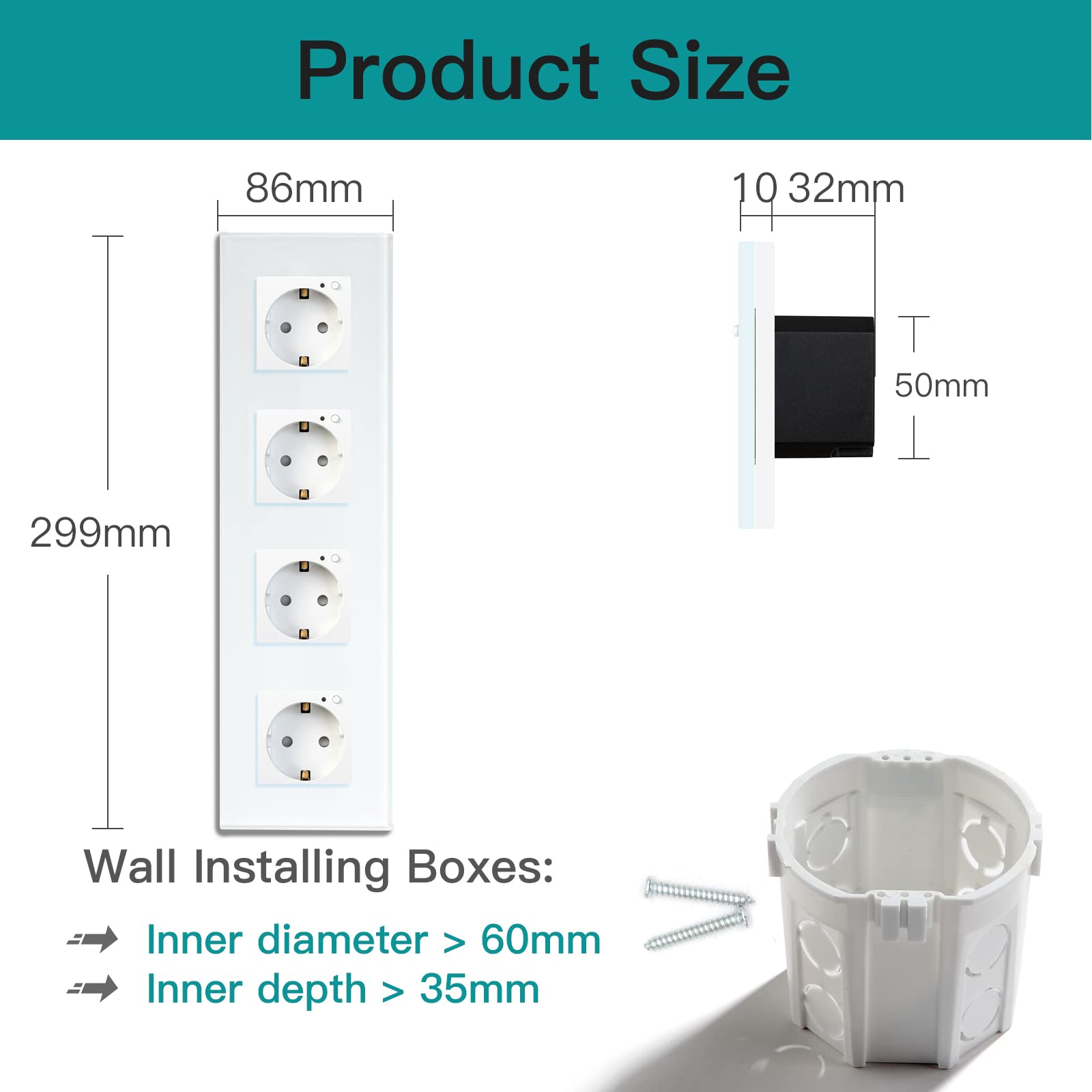 BSEED Schuko Smart Alexa ZigBee 4 enchufes Schuko 16A enchufe de cristal, 1 pack, 1 vía, blanco, 299mm, instalación empotrada, control por APP, funciona con Alexa/Google Home DIY Free Spin solo 2,4