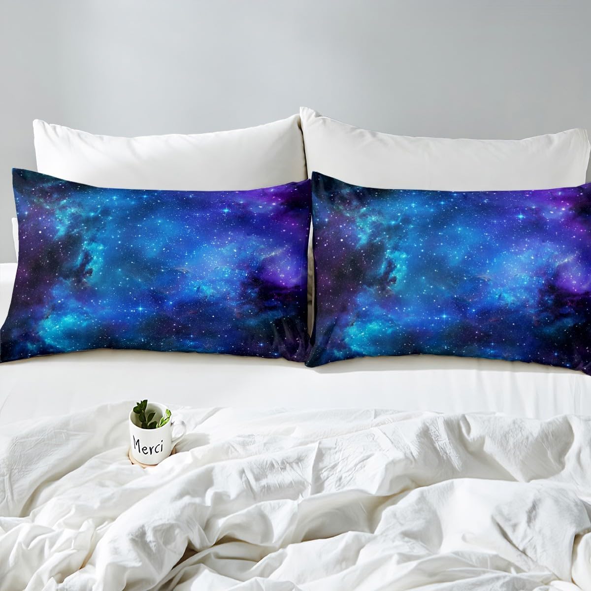 Purple Galaxy Comforter Cover Teal Moon Star Bedding Set Night Starry Sky Space Duvet Cover Nebula Cosmos Twinkling Stars Quilt Cover for Kids Boys Girls with 2 Pillow Cases Queen Size Navy Blue