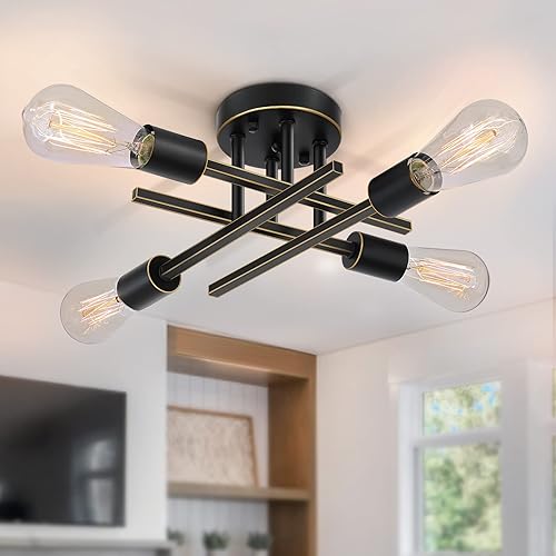 Miniatura 9 de SunRider Lámpara de techo industrial de 4 luces semiempotradas, luces de techo de bronce aceitado, candelabro Sputnik de metal retro para sala de