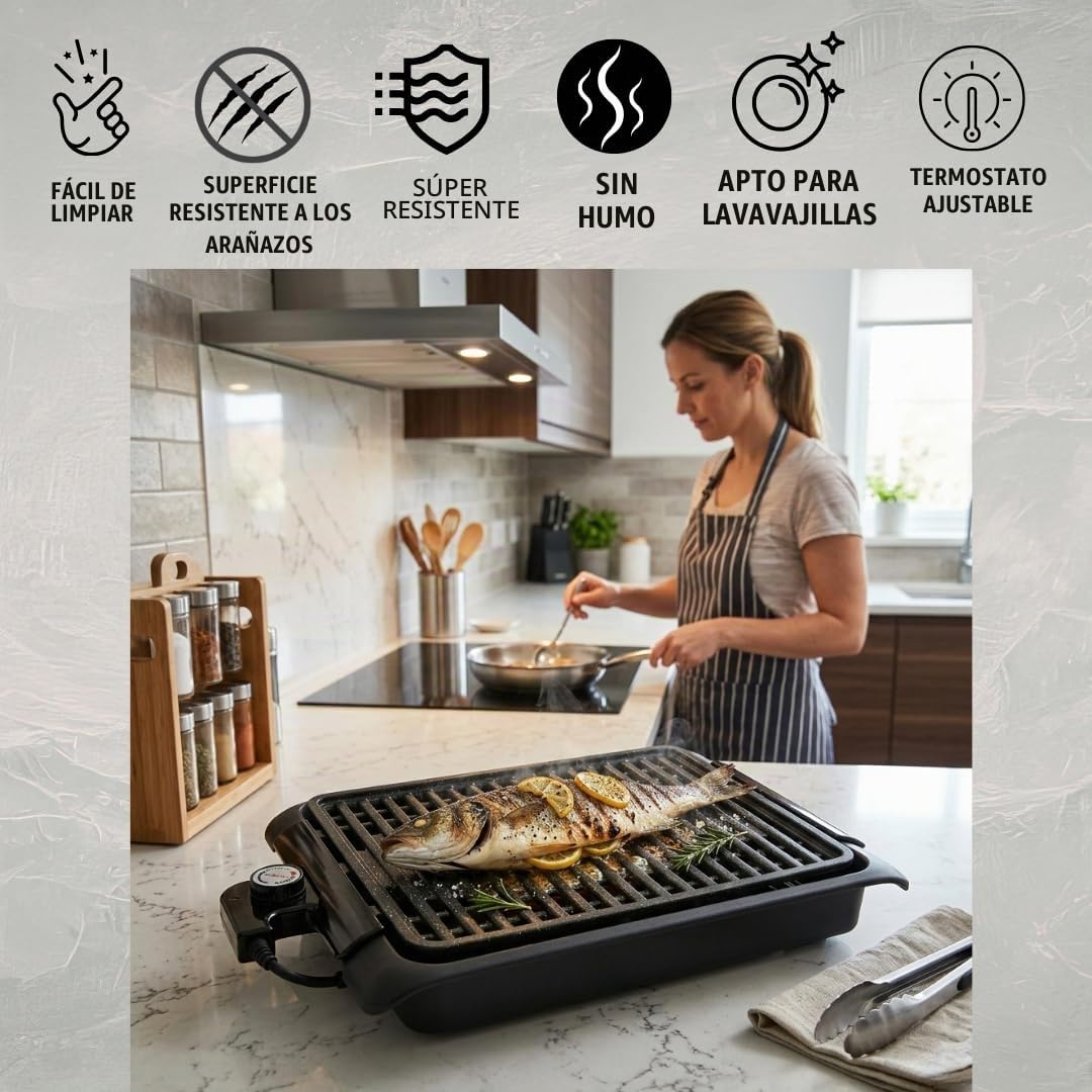 STARLYF Barbacoa eléctrica Smokefree Grill + Plancha - Barbacoa Eléctrica de 1250W, Parrilla Eléctrica Interior sin Humos ni Olores, Superficie Antiadherente y Cocción Uniforme, Color Negro
