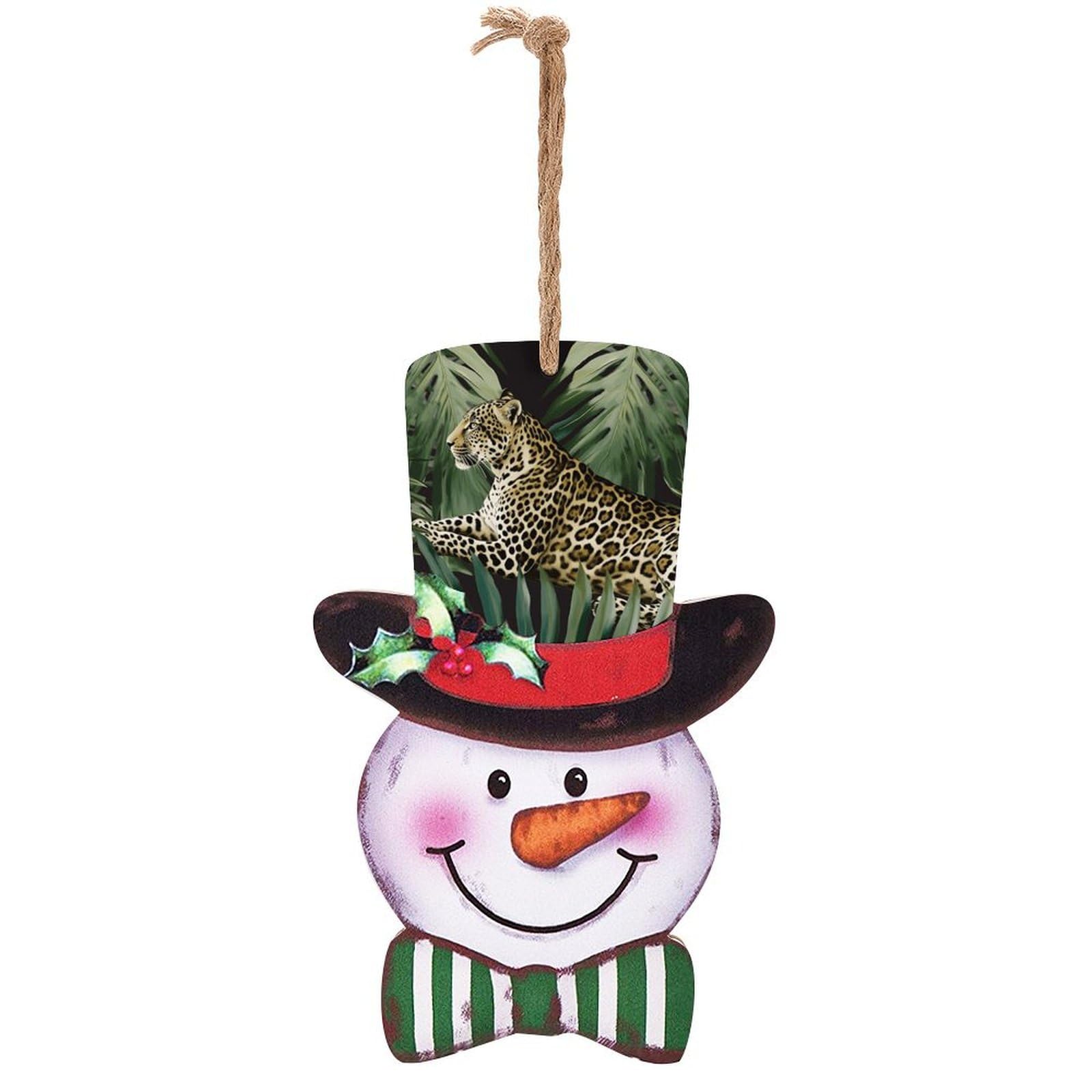 Plaque en bois bonhomme de neige de Noël avec motif feuille de palmier et style léopard