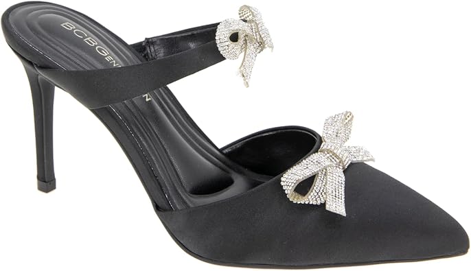 BCBGeneration Bardia Pointed Toe Pump with Double Bows, Black Satin