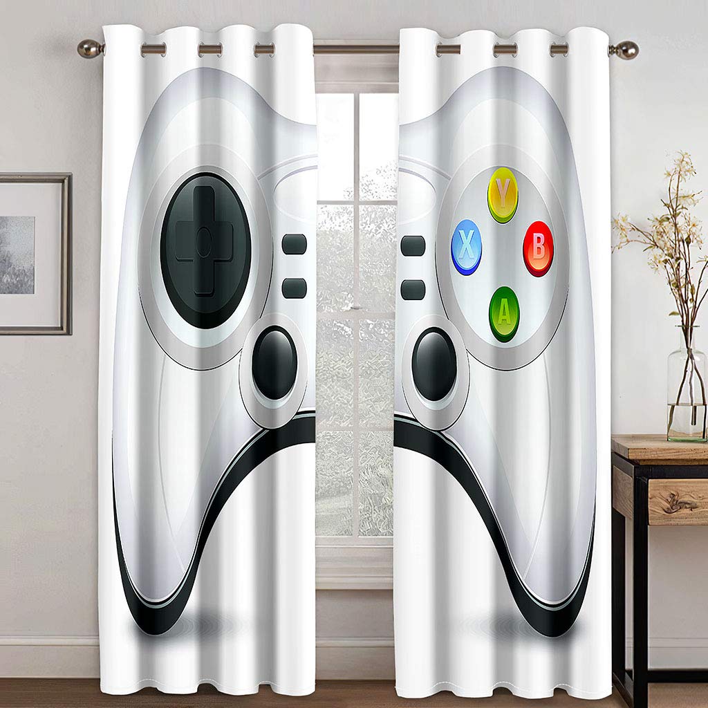 Curtains For Living Room Bedroom - 3D White Simple Game Controller Printed Eyelet Ring Top Thermal Insulated Curtains 79x63 Inch, Window Treatments For Boys Girls Bedroom, Super Soft Energy Saving Dr