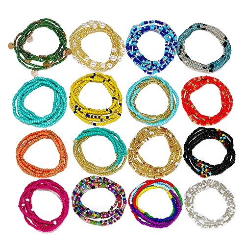 16 Pieces Jewelry Colorful Elastic Beads Waist Chains Kits Summer Beach Layered Belly Beads Body Chains African Bikini Jewelry Chains Rave Fashion Body Accessory for Women and Girls - Style 16