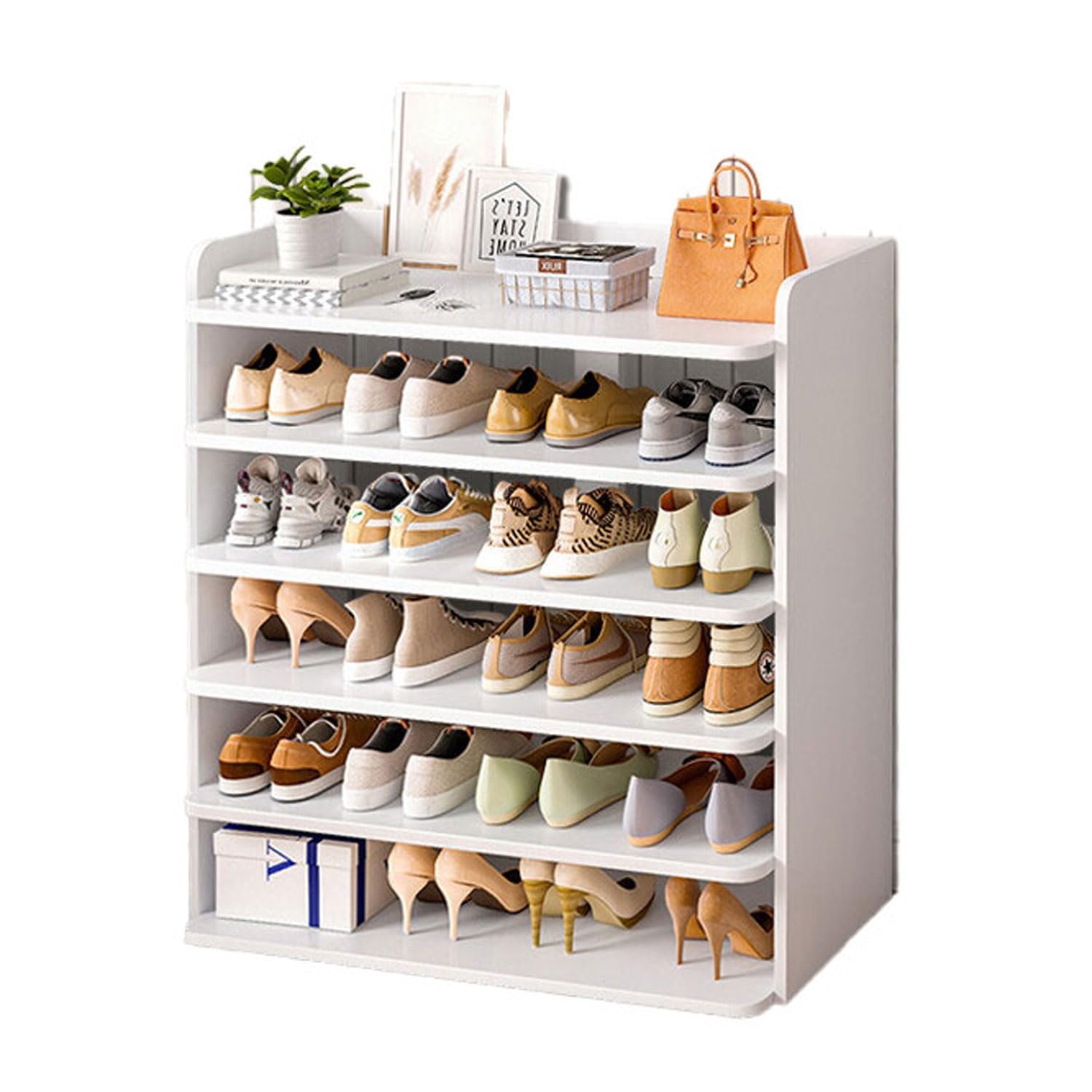 Neo White 6 Tier Wooden Shoe Rack Space-Saving Cabinet Organiser Shelving Storage Shelf for Entryway Hallway Closet Bedroom