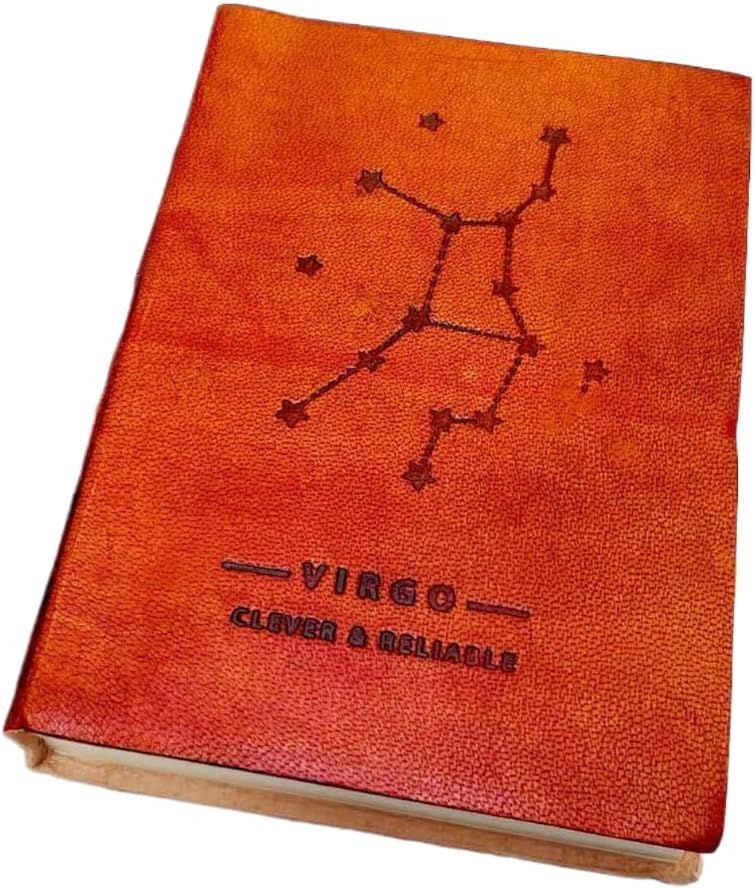 Soothi Zodiac Handmade Antique Leather Journal, Vintage Refillable Writing Diary, Rustic Travel Notebook, Unlined Sketchbook, Personalized Astrology Gift for Men & Women – Virgo, 7''x5''