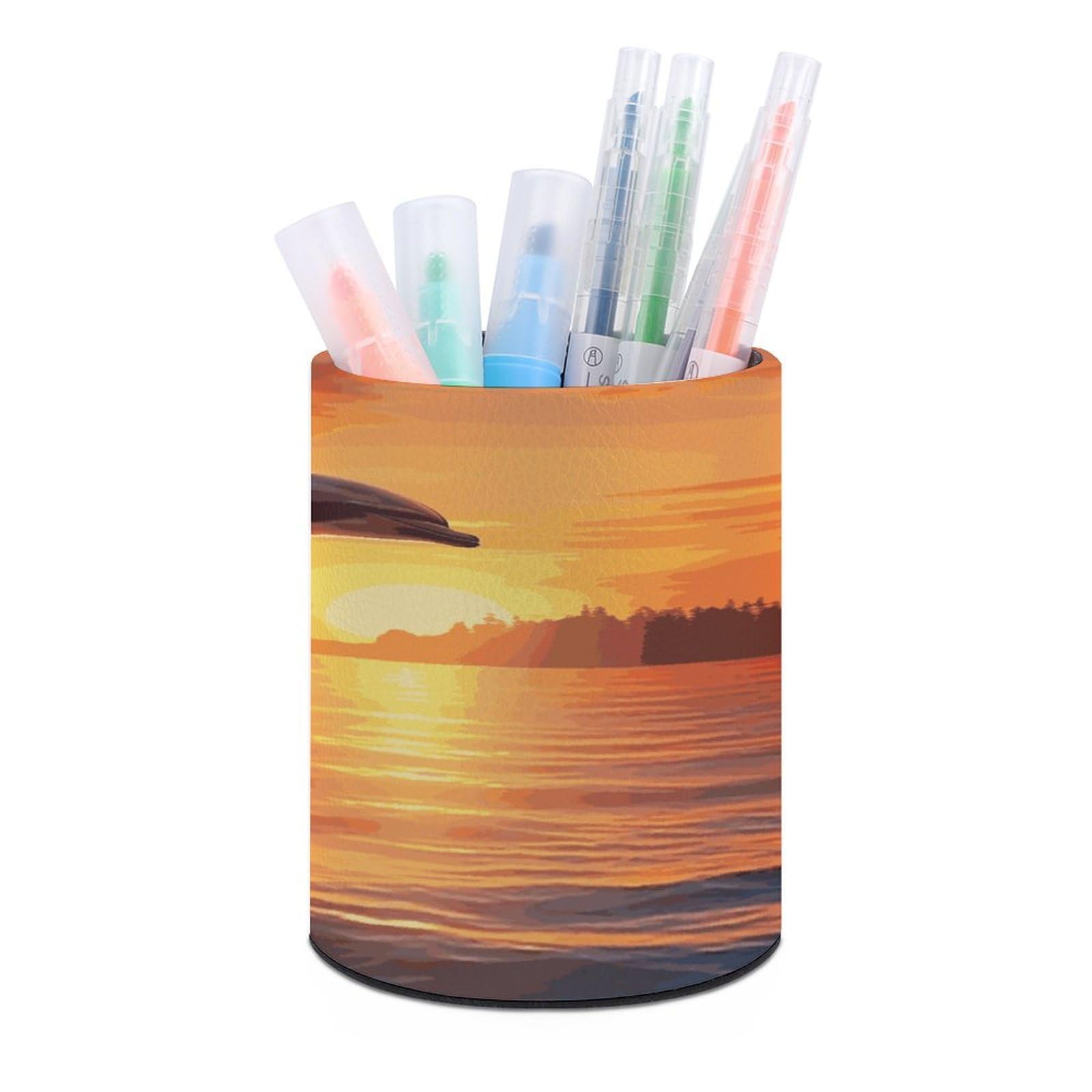 LDGSUPH Sunset Dolphin Round Pen Holder Leather Pen Cup Pencil Cup Pen Organizer Pencil Holder for Desk Organizer Pencil Organizers Makeup Brush Holders for Home Office Gift