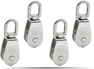 KELEN M25 Single Pulley Block, Single Pully M25, 4Pcs Heavy Duty 304 Stainless Steel Pulley Roller, Pully Crane Swivel Hook Smooth Wire Rope Cable Loading 150kg