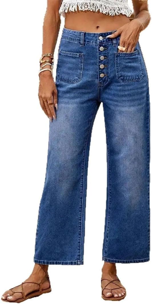 Women's Multi Button Straight Leg Jeans Dark Wash Blue Denim Pants Comfort