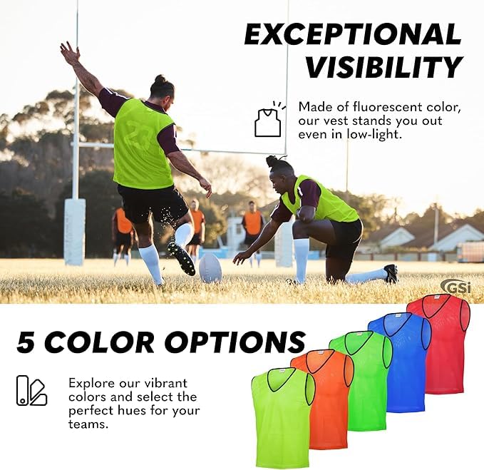 Image of GSi Sports Pinnies - Packs of 6 or 12 - Free Size - Mesh Training Vests for Soccer, Basketball - 6 Color Options