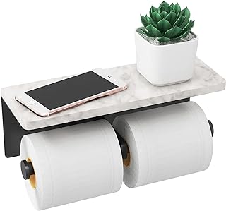Gypie Toilet Paper Holder with Marble Shelf, Wall Mount, Double Black
