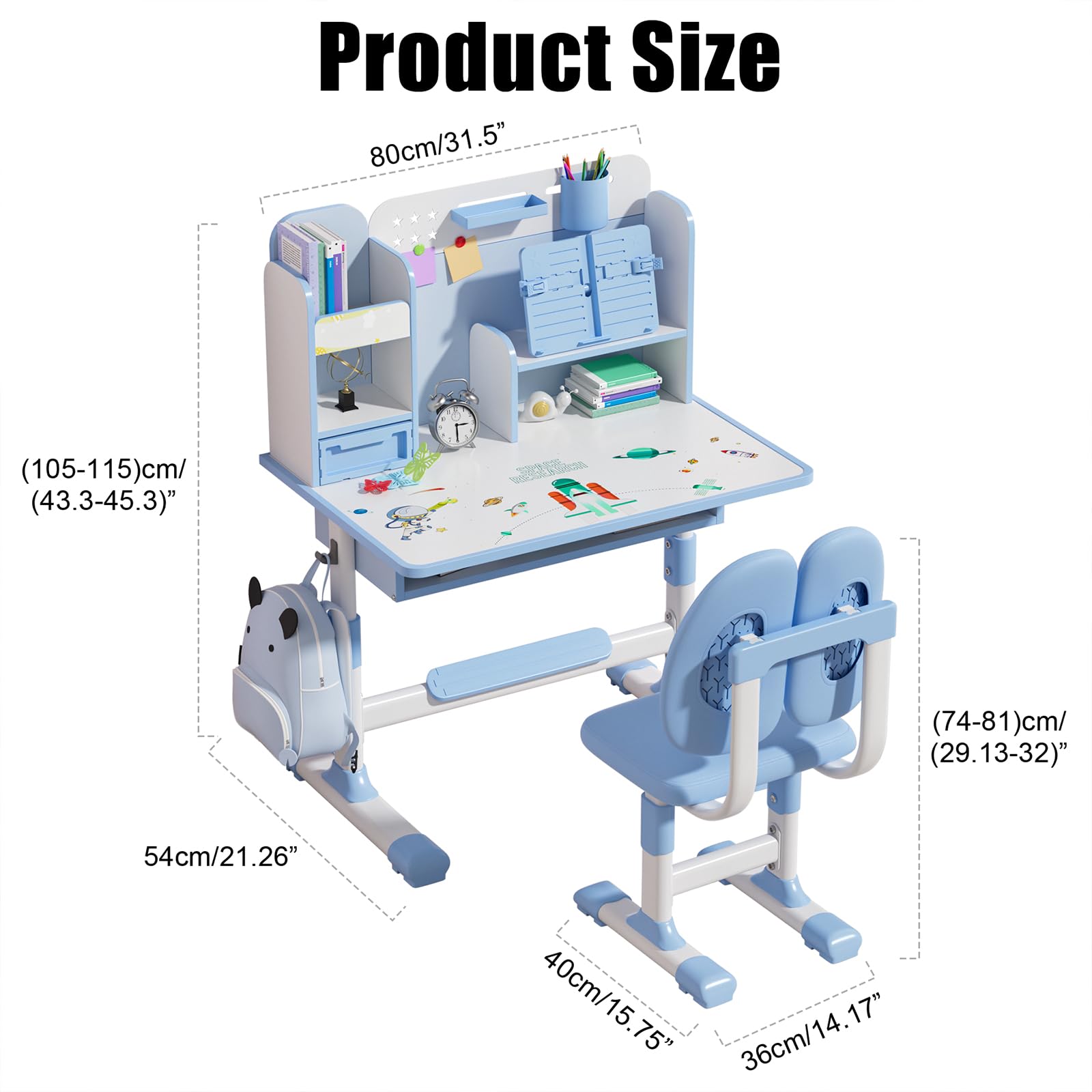 Kinderschreibtisch höhenverstellbar, Kinderschreibtischstuhl, Kinderschreibtisch, Schreibtischstuhl für Kinder, mit Buchständer, Fußpedal, 115 x 80 x 50cm (Blau)