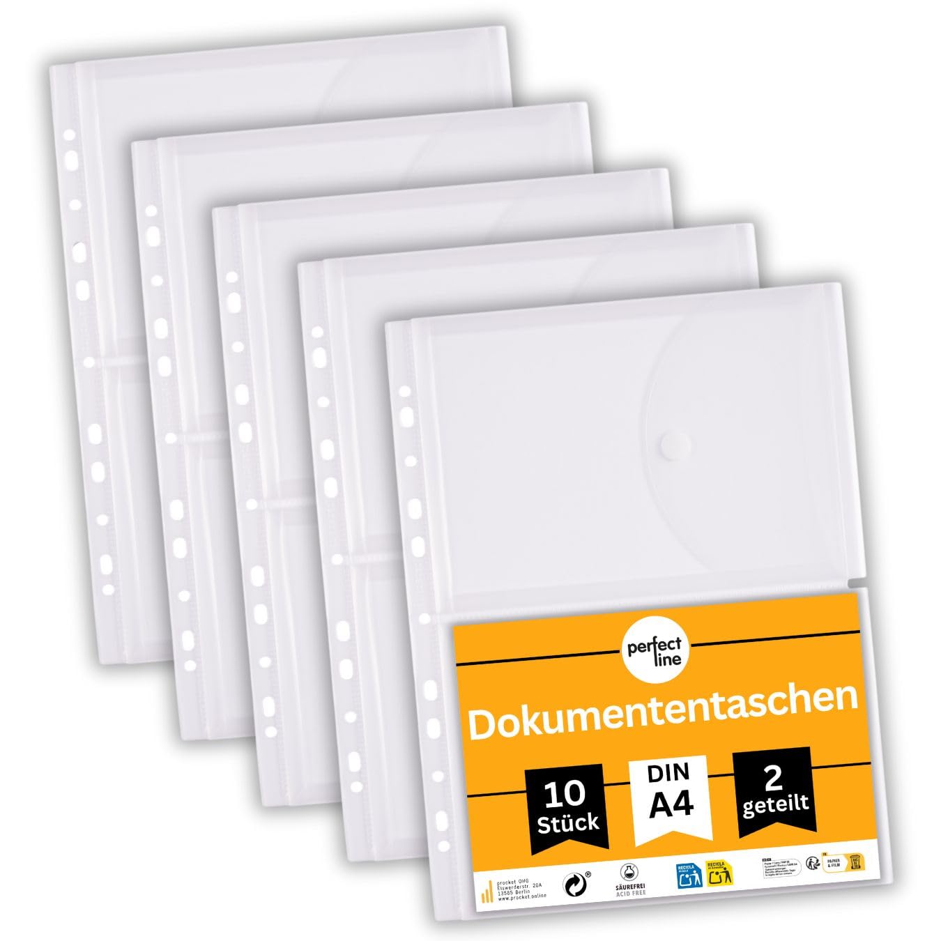 perfect line 10 pcs A5 Document Wallets on A4, 20 mm Capacity, Transparent & Clear Covers, Leaflet Cover with Flap, Hook and Loop Fastener & Filing Strip, Collection Sheet Divided into 2 compartments