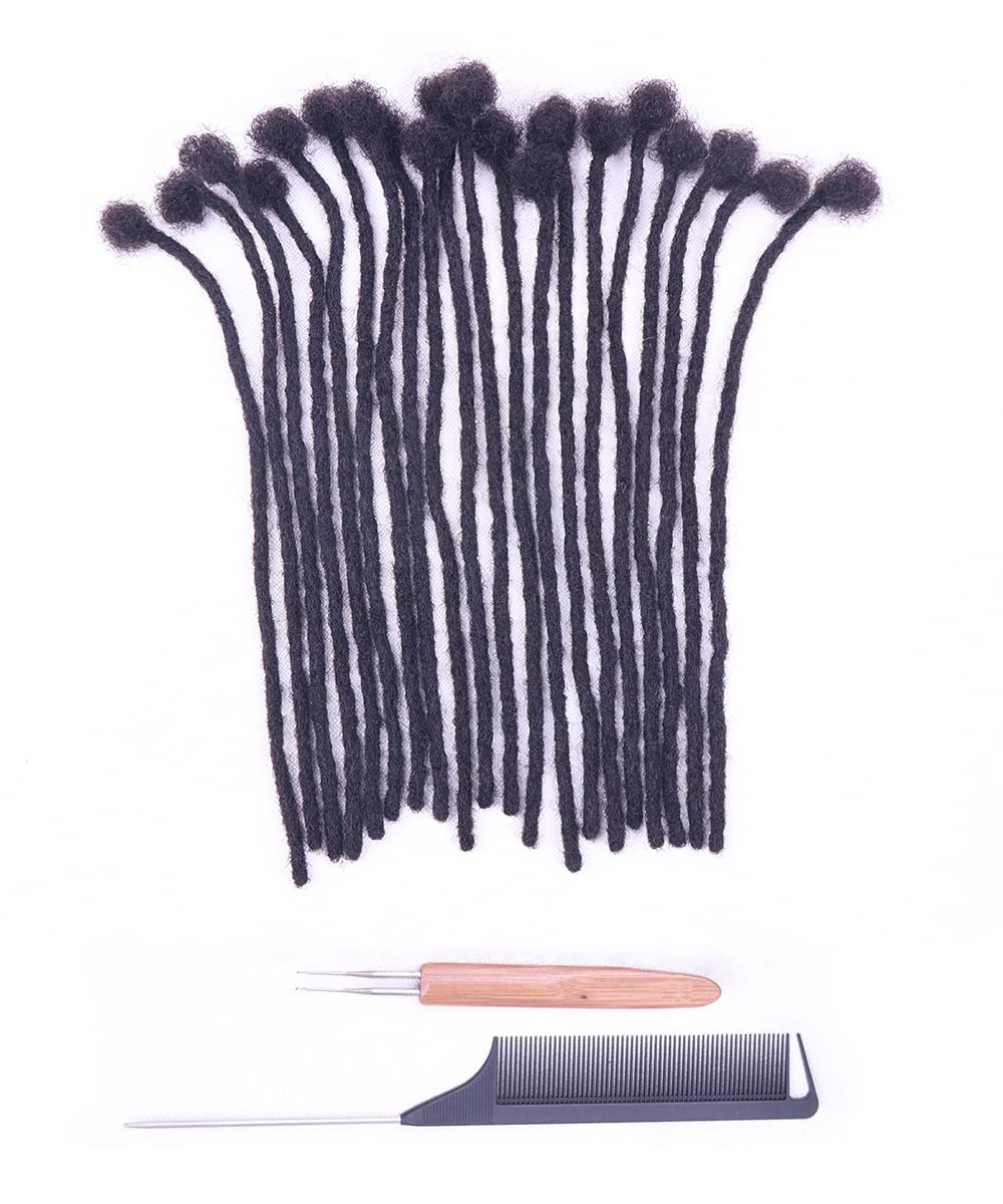 0.4cm Width 16 Inch 60 Strands 100% Human Hair Loc Extensions, Full Handmade Dreadlock Extensions for Men Women Kids Can Be Dyed and Bleached with Needle and Comb Unprocessed Natural Black