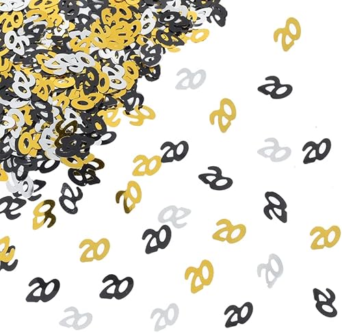 Number 20 Confetti Shiny Table Confetti for 20th Birthday Anniversary Party Decoration, Black Gold Silver, 1.59 Oz
