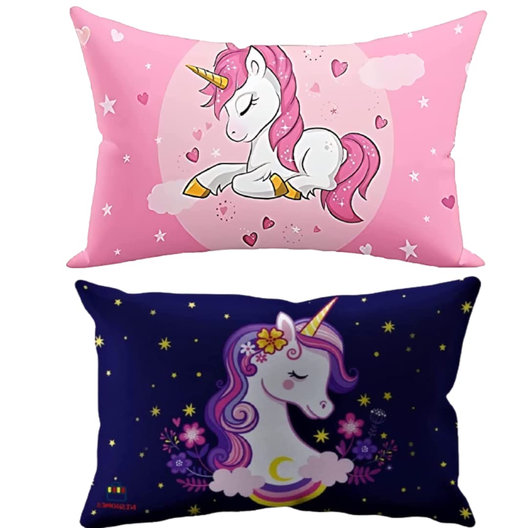 Velvet Unicorn Design Printed Kids Cartoon Pillow Fiber Filled Size 12x18 Inches (Pink and Blue) (Pack of - 2)-image-4