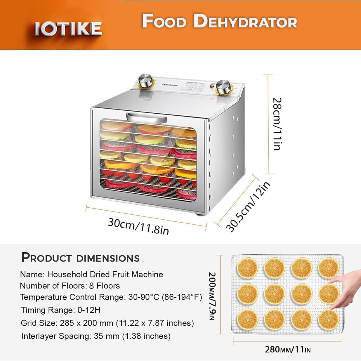 Commercial Electric Food Dehydrator with 12H Timer, Stainless Steel Fruit Dryer, 30-90℃ Temperature Control, for Jerky, Beef, Herb, Vegetables, Dog Treats(Color:8Layer)