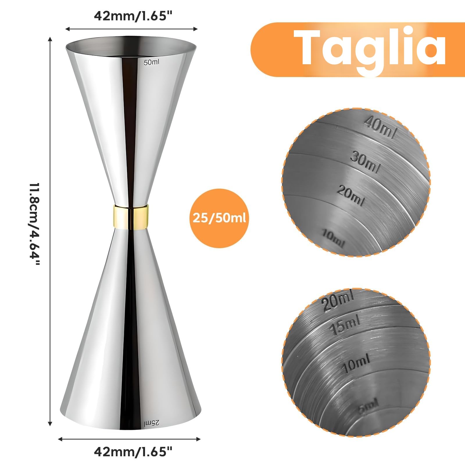Delgeo Jigger-Spirit da Cocktail in Acciaio Inossidabile, Misurino per Bevande da Barista Professionale, Misurino Singolo/Doppio con Segno di Scala Integrato: 25/50ml (Argento)