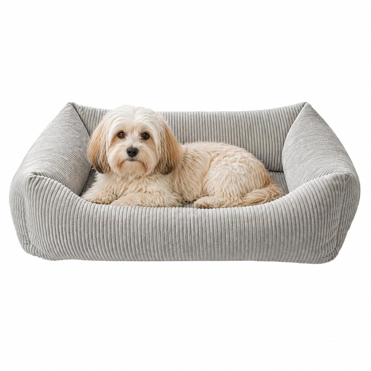 Petlando orthopädisches Hundebett, ergonomisches Hundesofa, Stabiler Rand, rutschfest, weicher Cord Bezug waschbar bei 60°C, Dog Bed LikeOrtho Luke Grau, S für kleine Hunde L 80 x B 60 x H 25 cm