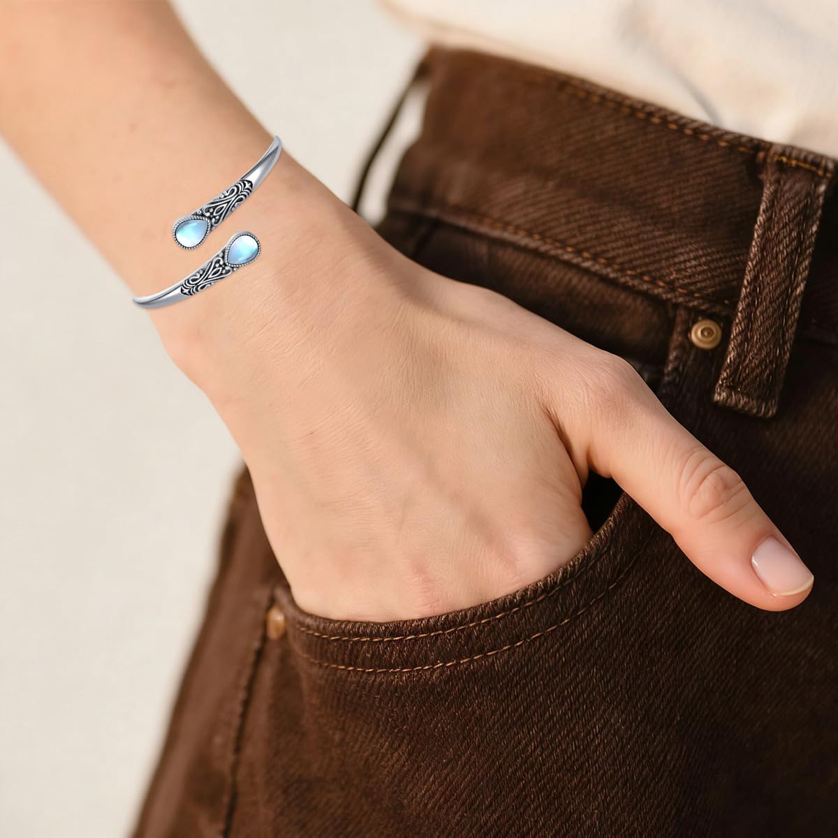 925 Sterling Silver Genuine Gemstone Bracelet for Women Men Handmade Adjustable Boho Navajo Style Bangle Cuff Natural Stone Jewelry Gift