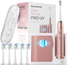 Aquasonic Vibe Series PRO – Ultra-Whitening Electric Toothbrush – 5 Modes & Smart Timers – UV Sanitizing Base – ADA Accepted (Satin Rose Gold)