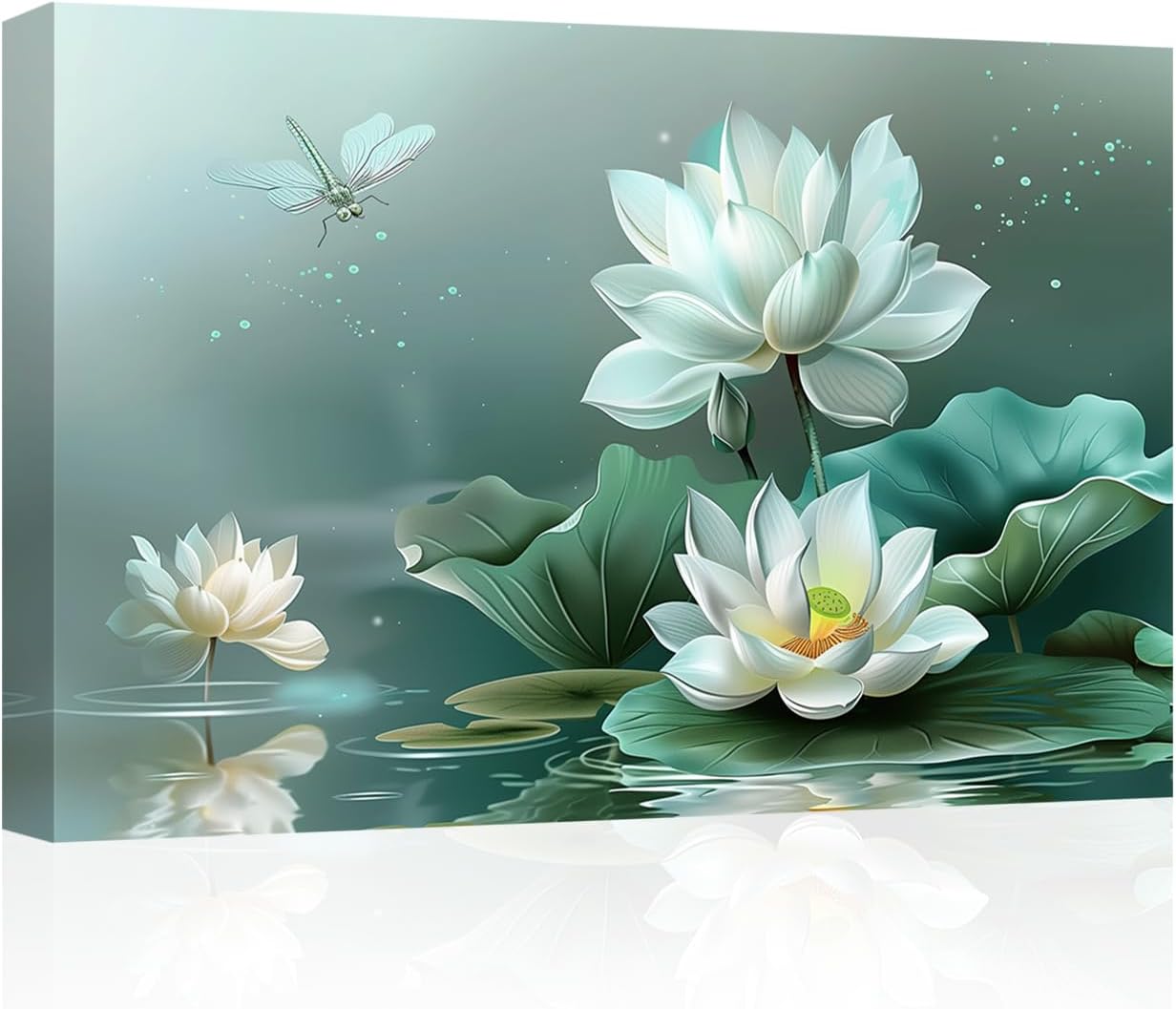 SWQYLB Zen Bathroom Wall Decor Lotus Wall Art Water Lily with Dragonfly Canvas Prints Green Spa Paintings Meditation Spiritual Yoga Decor Framed (12.00" x 18.00")