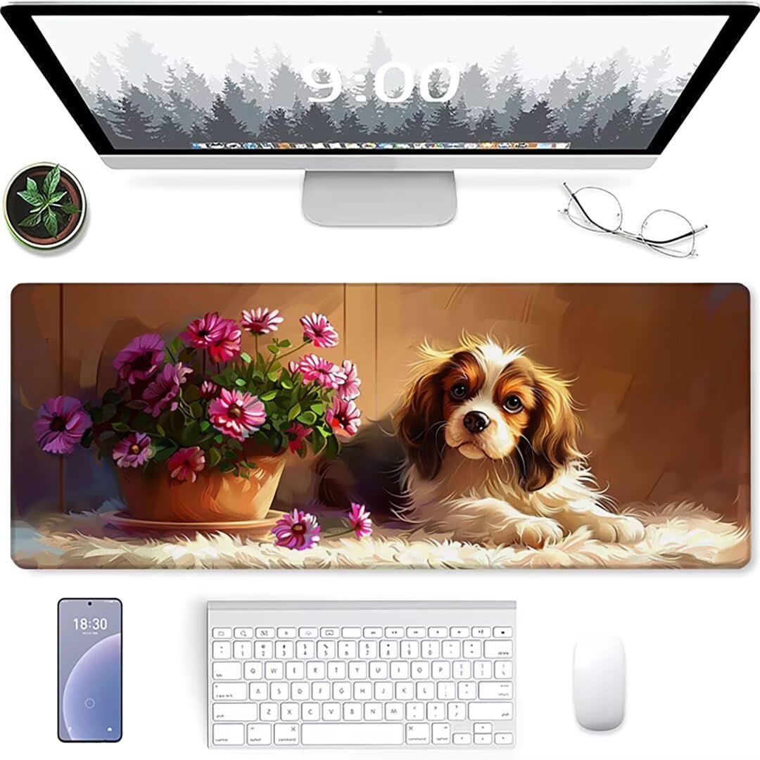 Excel Shortcut-Tasten-Mauspad - erweitertes großes 1200 x 600mm XL-Spickzettel-Gaming-Mauspad | PC-Büro-Tabellenkalkulation-Tastaturmatte | rutschfeste genähte Kante Blume Hund
