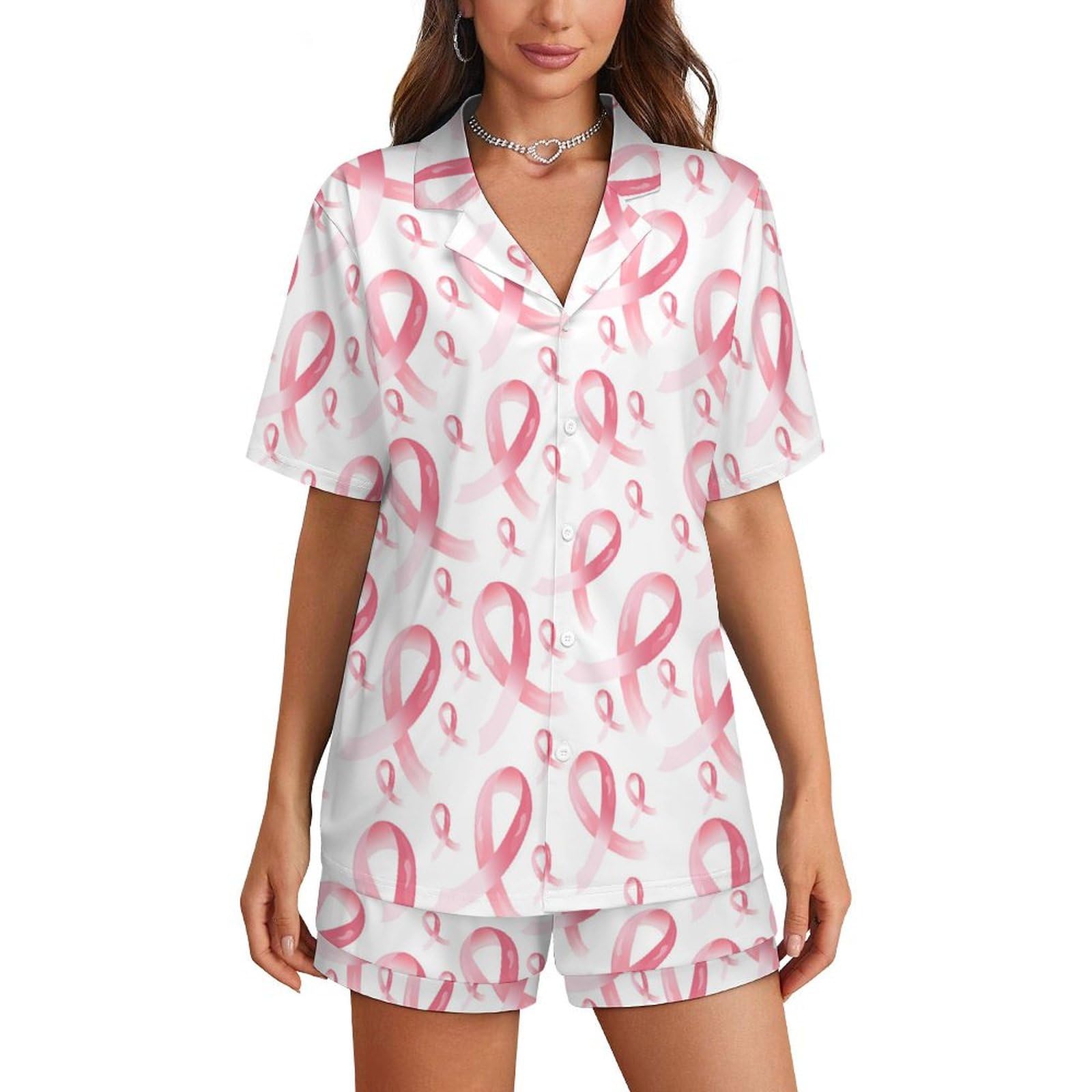 SMAZDFXX Breast Cancer Awareness Women's Pajamas Sets Short Sleepwear V Neck Loungewear